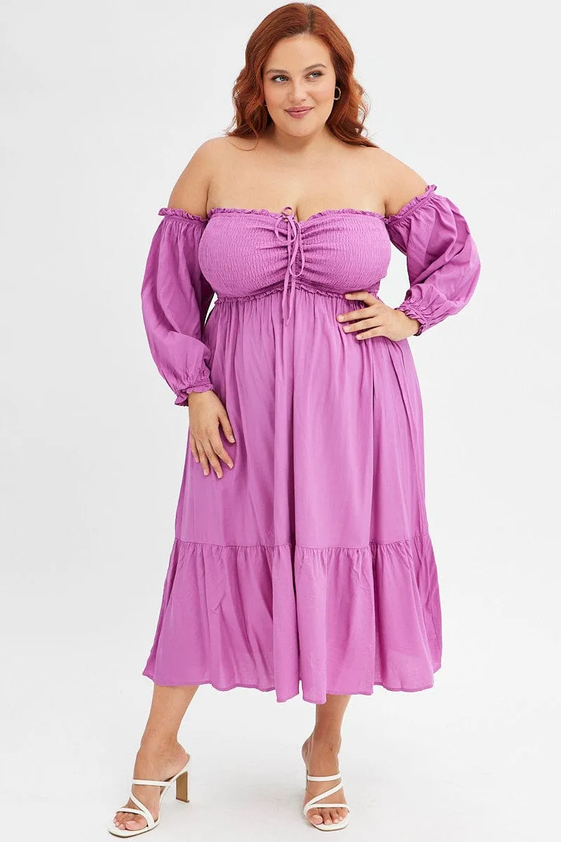 Light Cloud Purple Midi Dress Off Shoulder Shirred