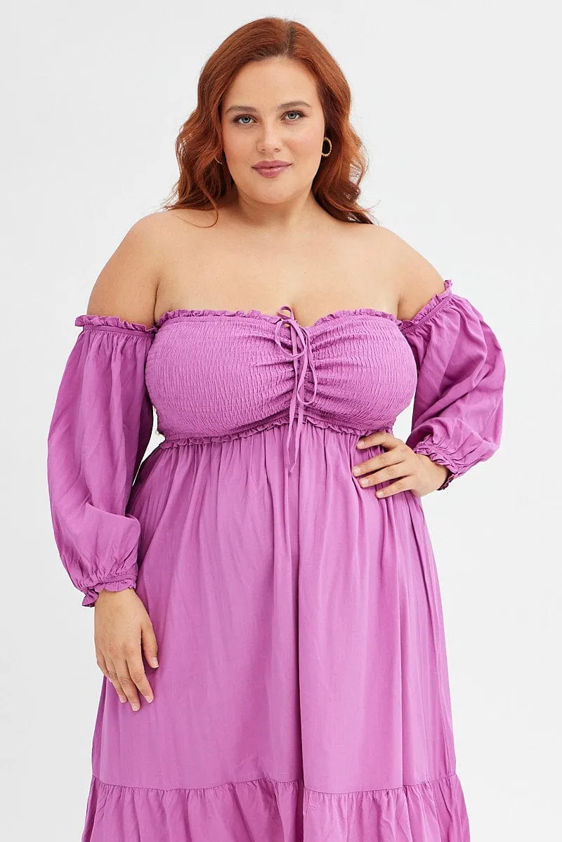 Purple Midi Dress Off Shoulder Shirred Sheer Light