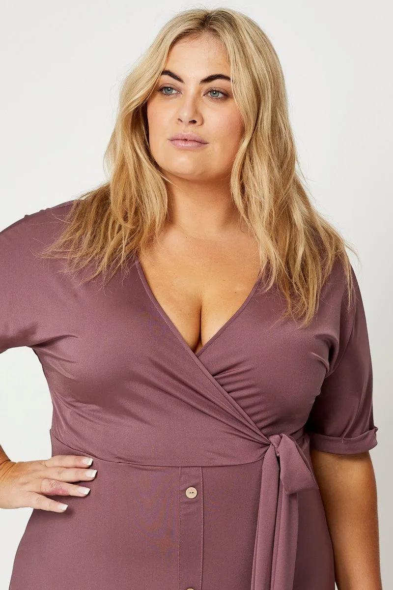 Purple Midi Dress V-neck Short Sleeve Waist Tie Elegant Detail