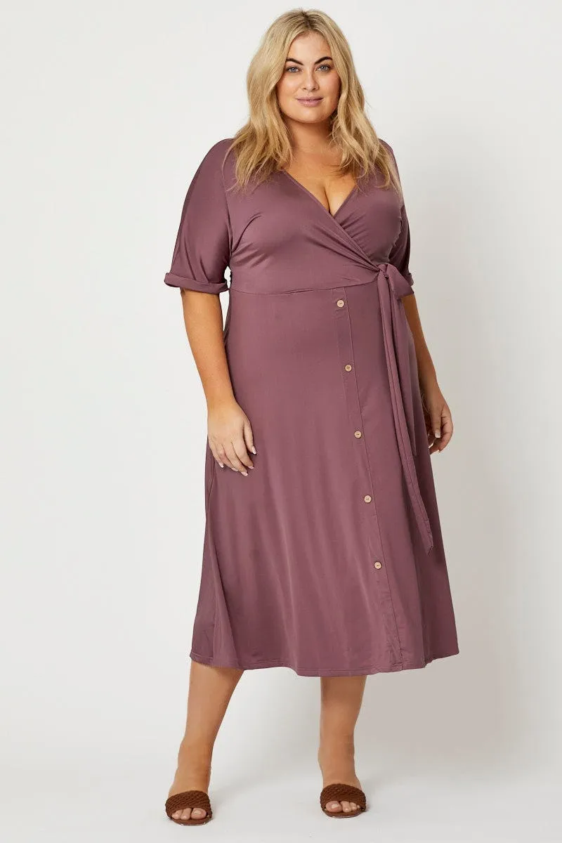 Purple Midi Dress V-neck Short Sleeve Waist Tie Playful touch