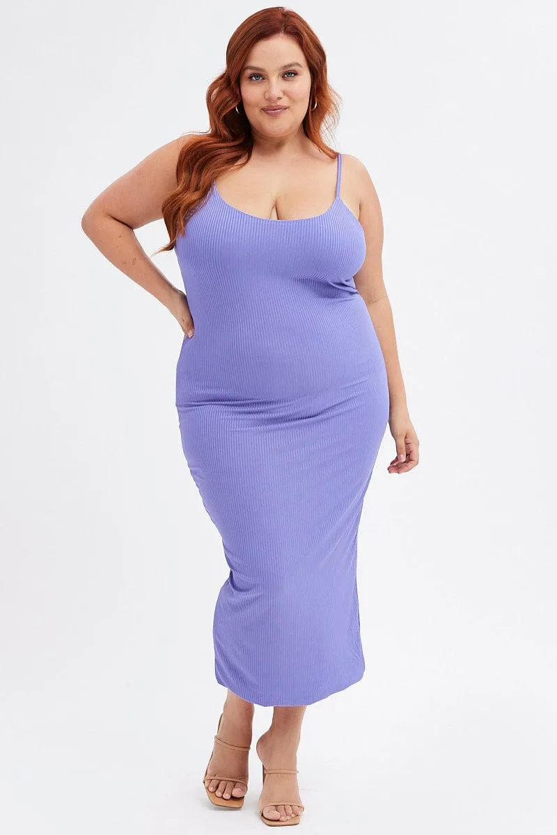Purple Rib Jersey Midi Dress Tie Waist Chic Layers Ribbed-Texture