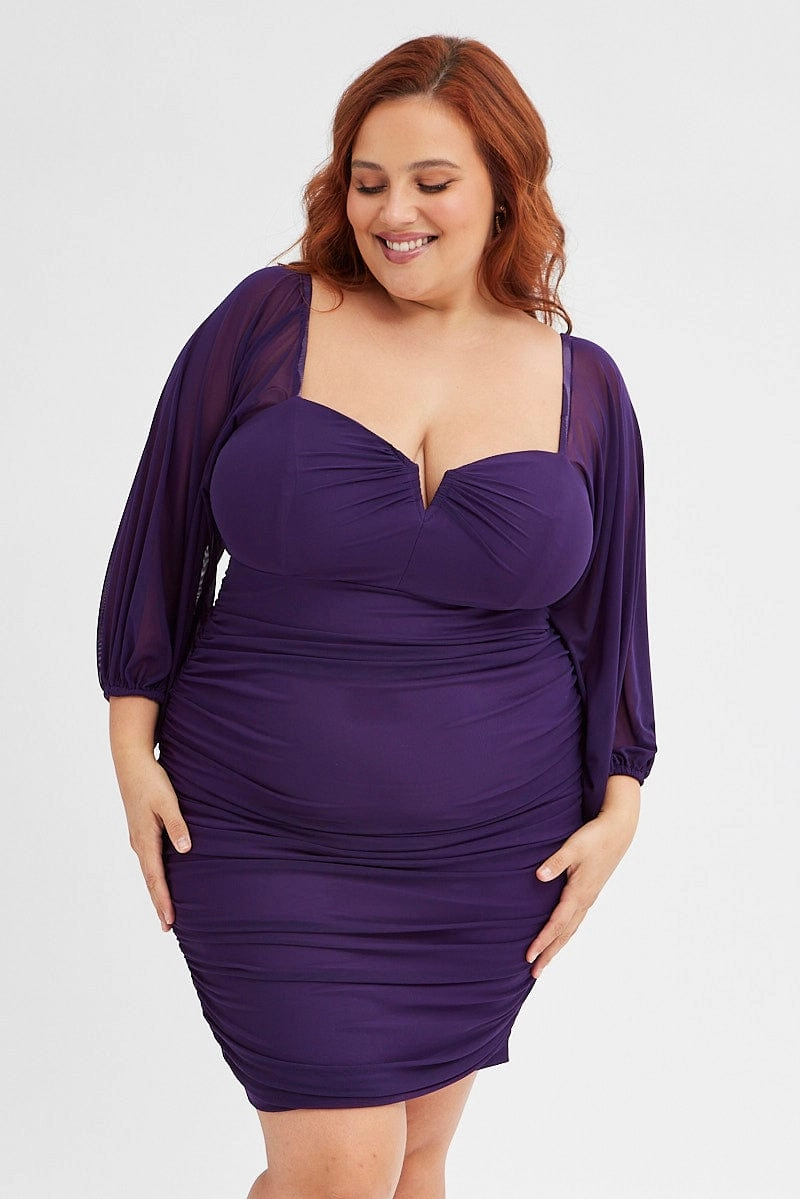 Skin Glow Purple Bodycon Dress Mesh Balloon Sleeve Ruched Mini