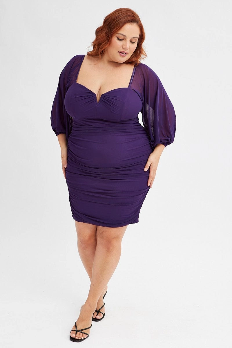 Purple Bodycon Dress Mesh Balloon Sleeve Ruched Mini Soft Volume