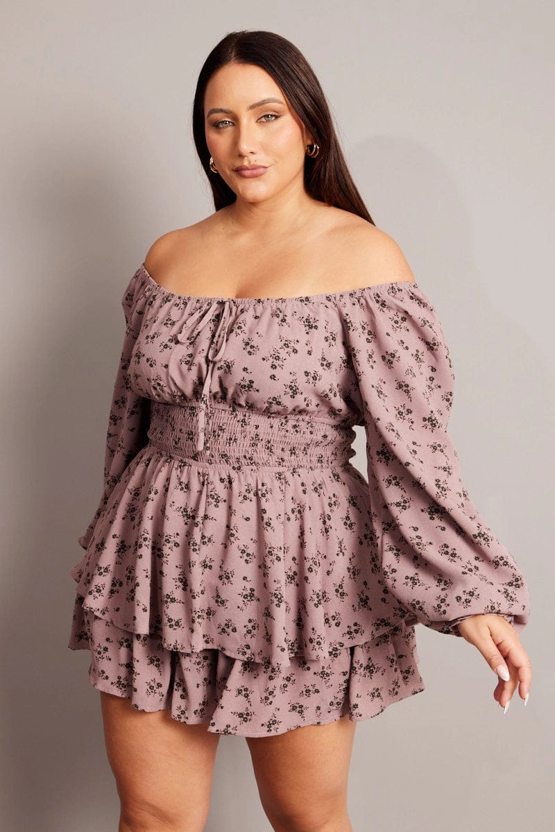 Modern Silhouette Vibrant evening gown Purple Ditsy Ruffle Playsuit Long Sleeve