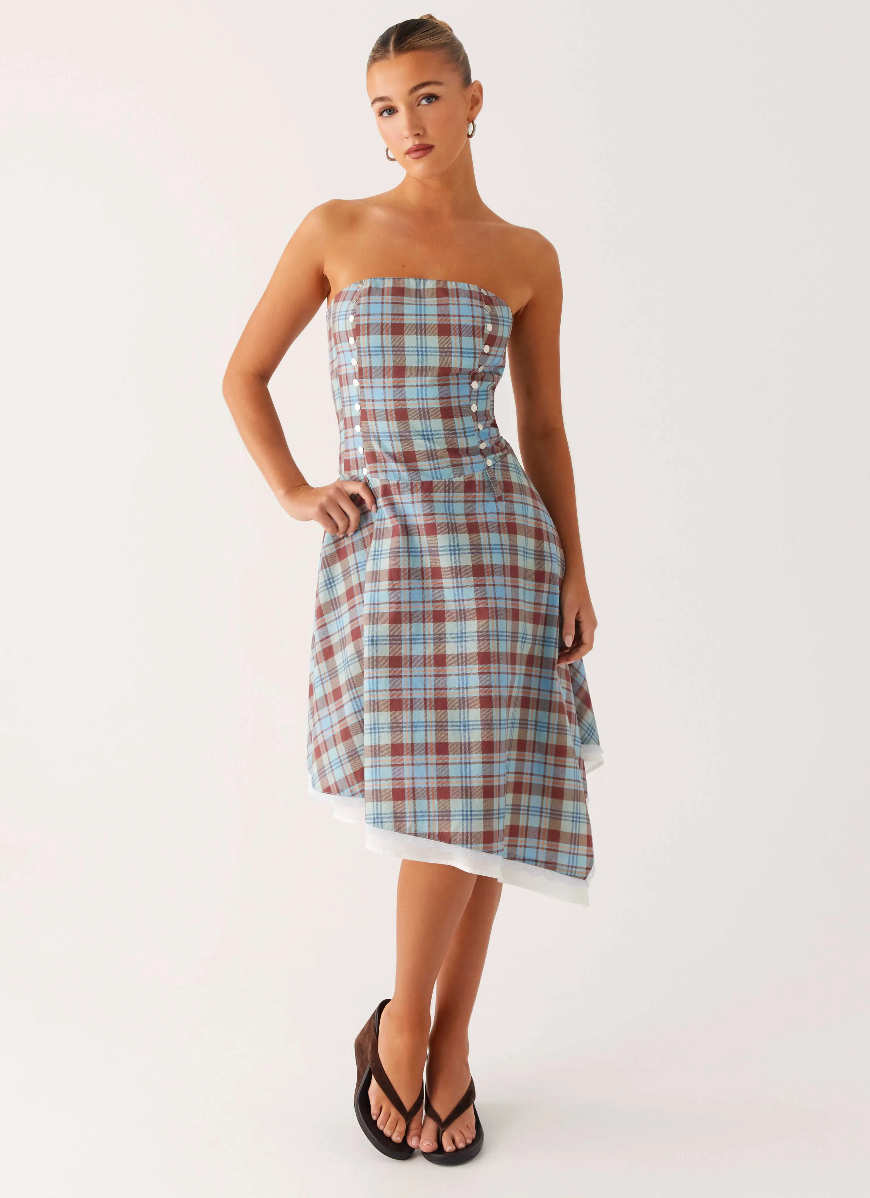 Tonie Strapless Midi Dress - Shoreline Check Dual Tones Delicate Lines