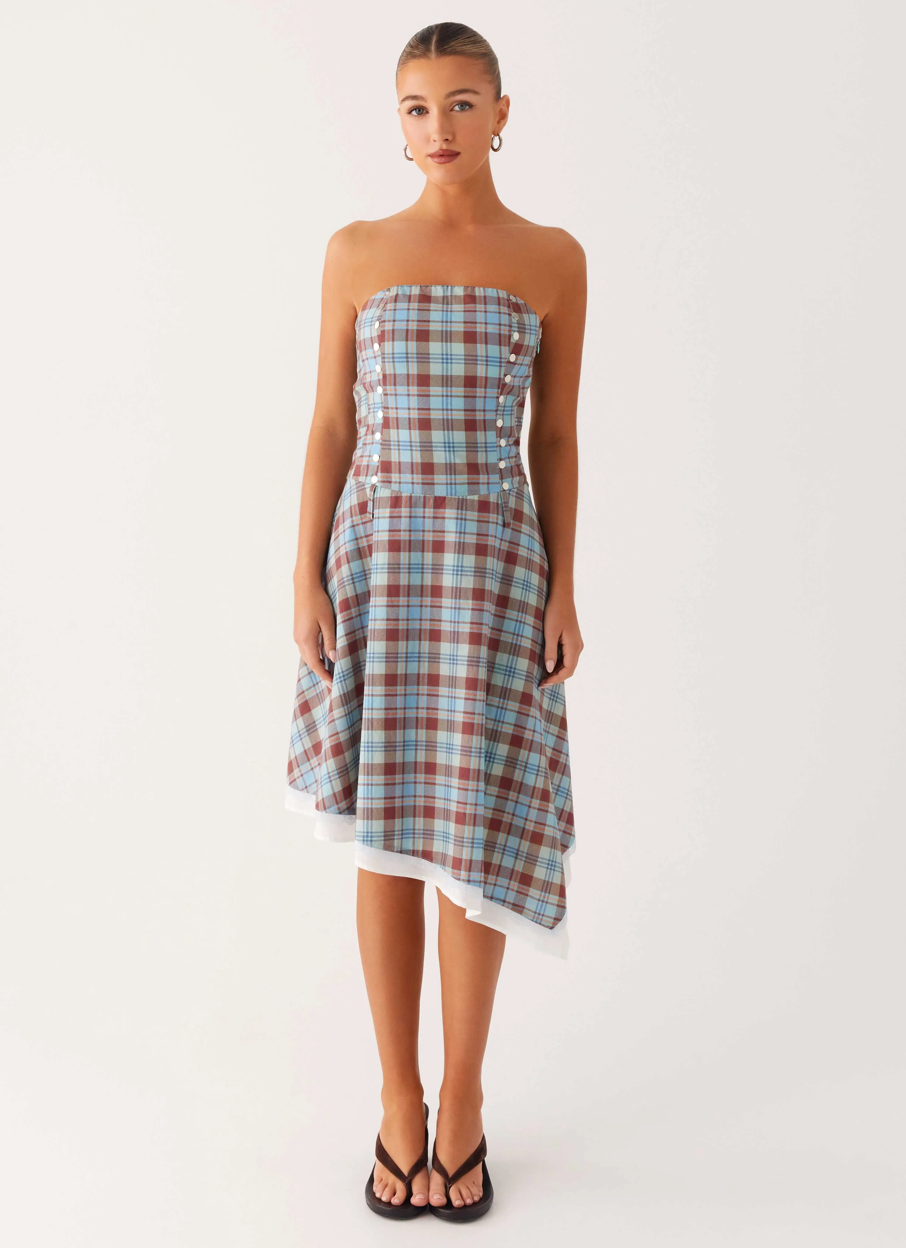Tear-resistant Tonie Strapless Midi Dress - Shoreline Check