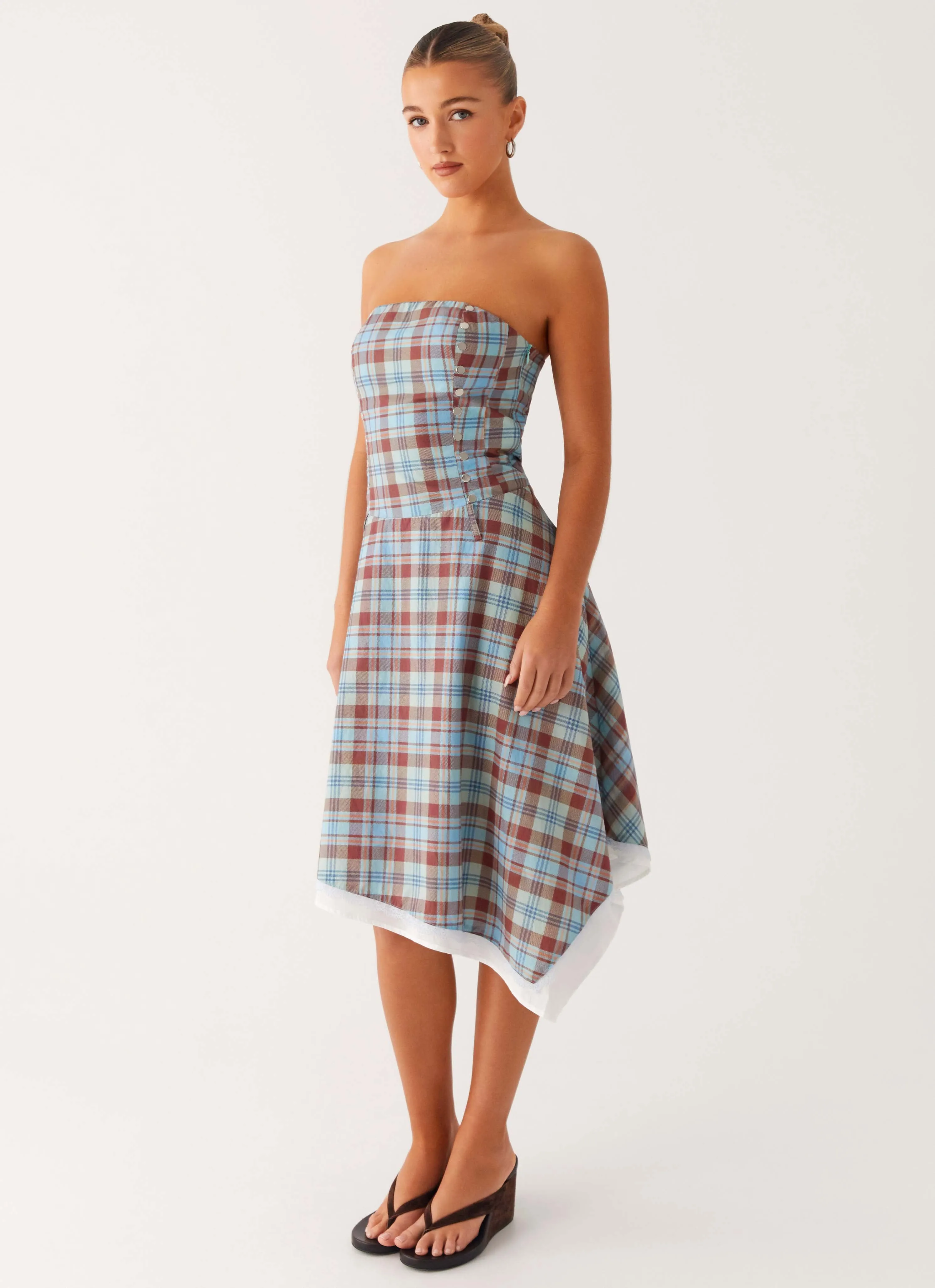 Tonie Strapless Midi Dress - Shoreline Check Fresh Glow Flattering Waistband Fit