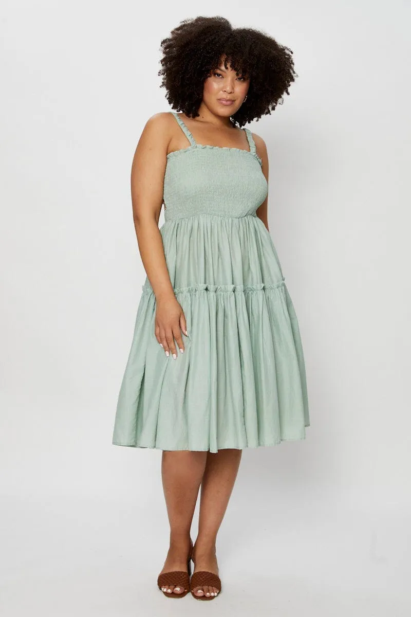 Green Midi Dress Square Neck Sleeveless Elegance Glow