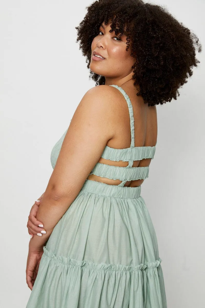 Contrasting Detail Flowing Design Green Midi Dress Square Neck Sleeveless