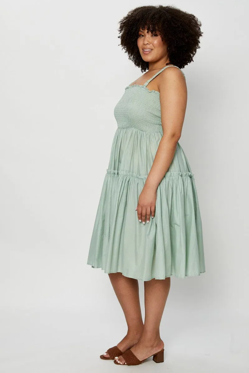 Green Midi Dress Square Neck Sleeveless Classic Tailoring Style Ease