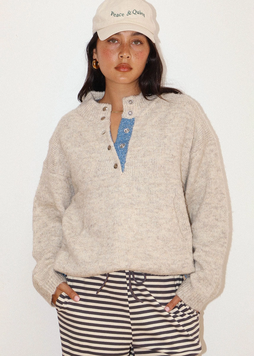 Wallis Two-Tone Snap Collar Sweater - Oatmeal Comfort Choice Moisture Wicking Fabric