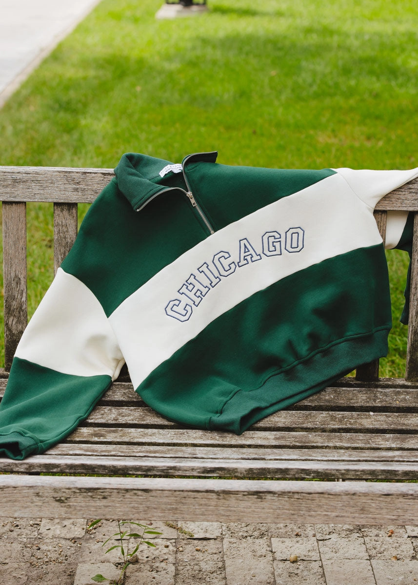Chicago Color Blocked Quarter Zip Sweatshirt - Hunter Green Durable Reinforced Elbows