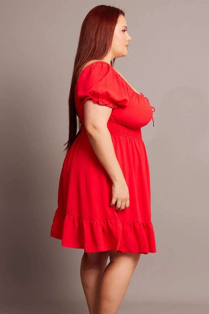 Easy Flow Flowy Cut Red Gathered Bust Tie Front Shirred Waist Minidress