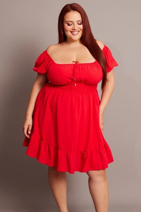Red Gathered Bust Tie Front Shirred Waist Minidress Tailored Waistband
