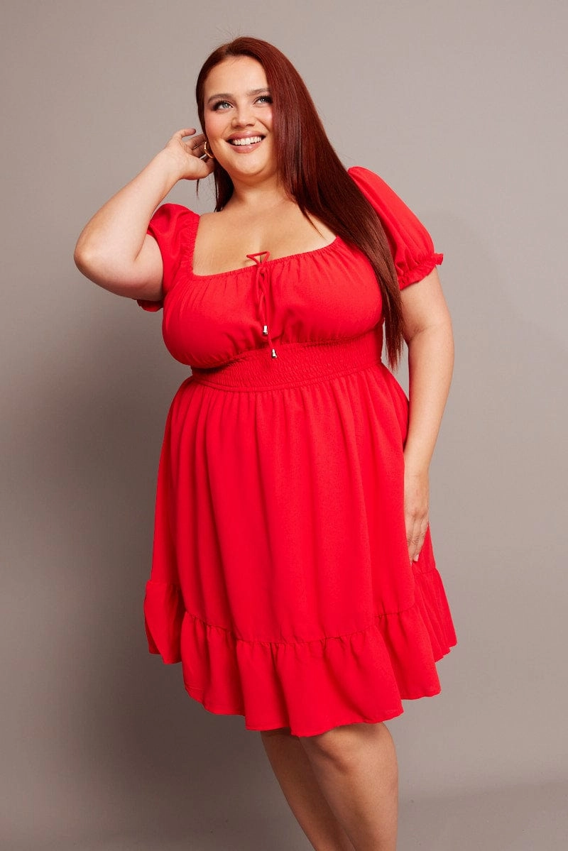 Red Gathered Bust Tie Front Shirred Waist Minidress Sharp Detail