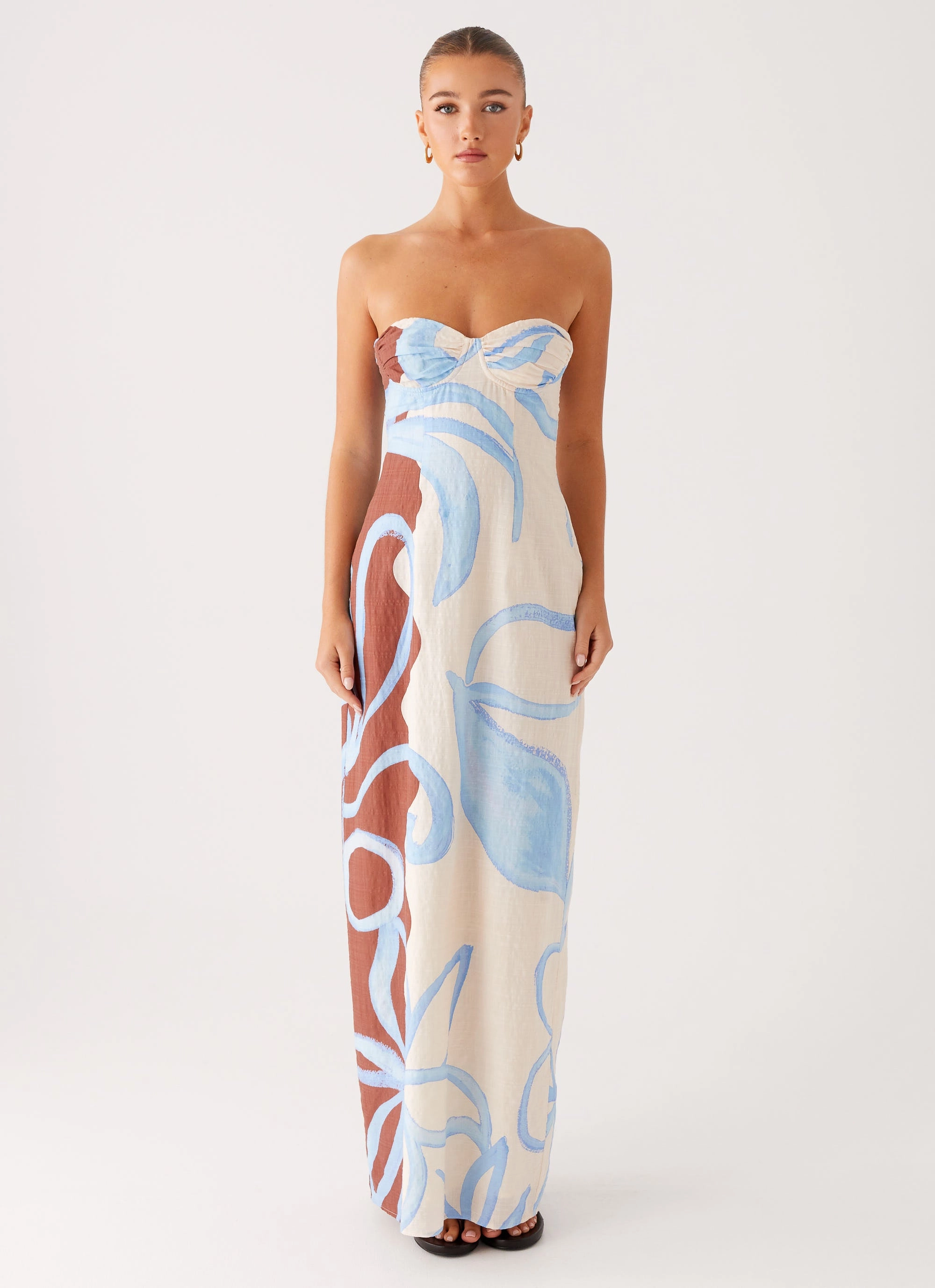 Gathered Skirt Raiden Maxi Dress - Bloom Wave Print