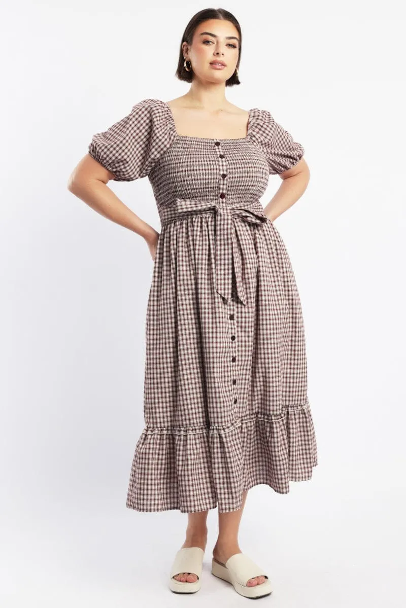 Red Check Midi Dress Short Sleeve Check Front Button Placket Balanced Tone