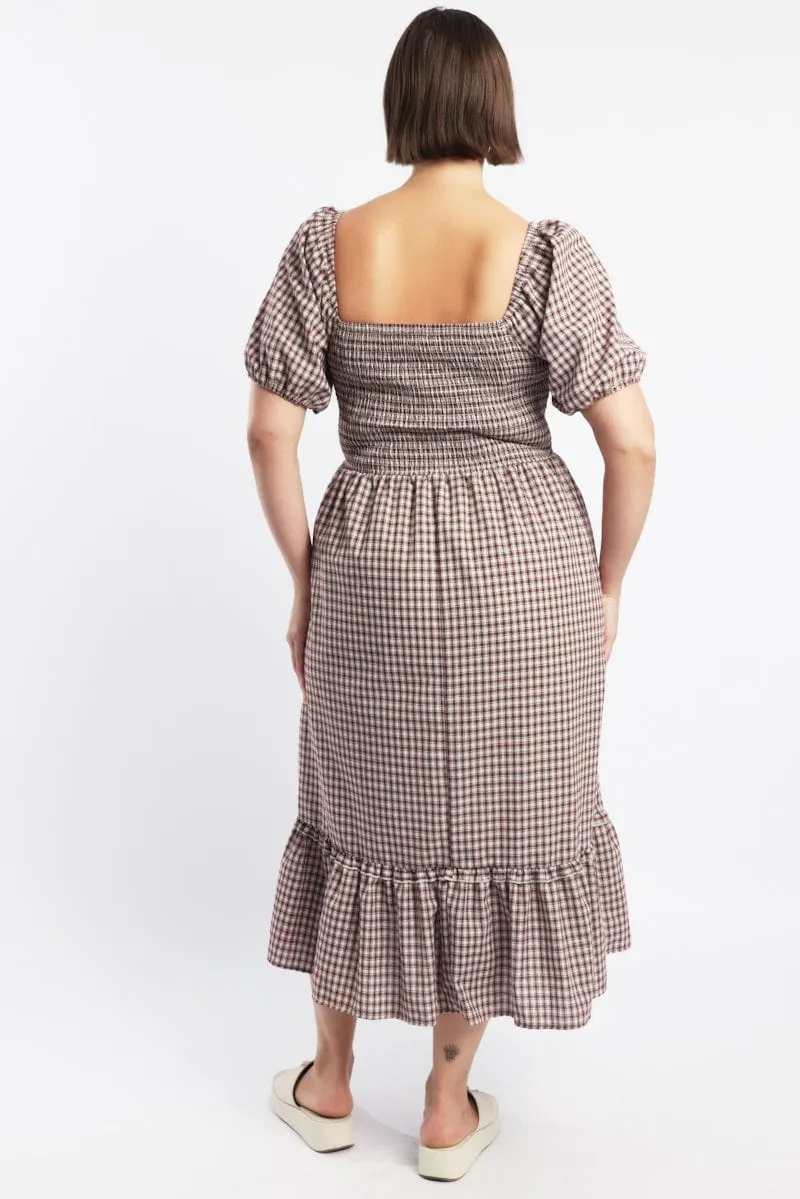 Red Check Midi Dress Short Sleeve Check Front Button Placket Invisible-Zip