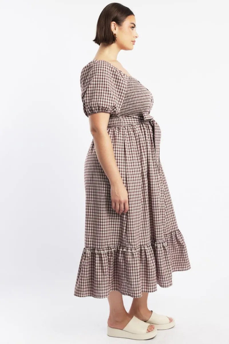 Red Check Midi Dress Short Sleeve Check Front Button Placket Mid Season