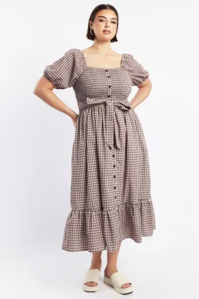 Red Check Midi Dress Short Sleeve Check Front Button Placket Balanced Tone