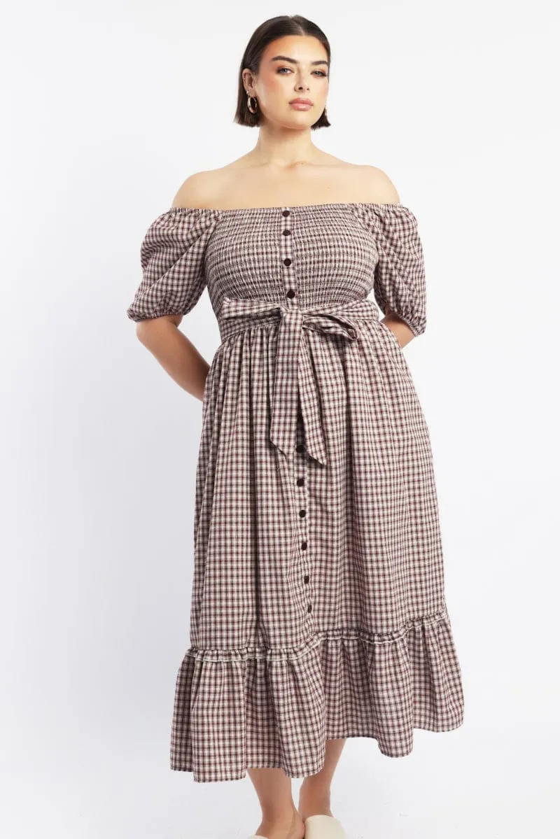 Formed Look Modern Fit Red Check Midi Dress Short Sleeve Check Front Button Placket