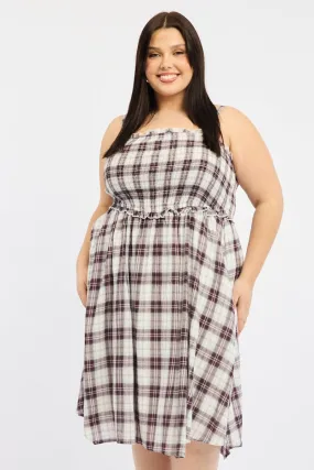 Back Glow Red Check Midi Dress Sleeveless Shirred