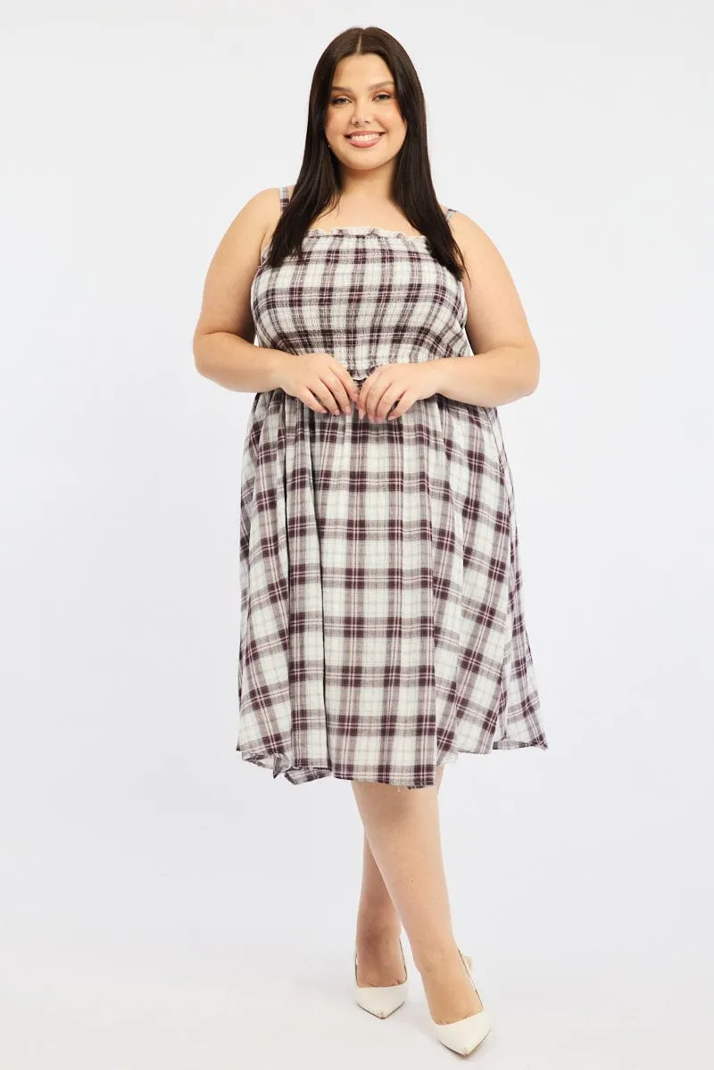 Premium Material Clean Texture Red Check Midi Dress Sleeveless Shirred