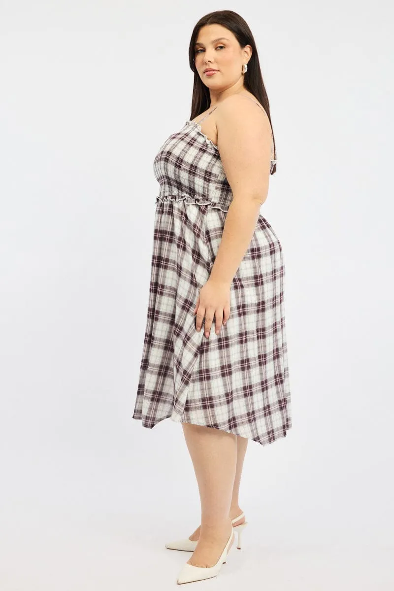 Red Check Midi Dress Sleeveless Shirred Clean Flow