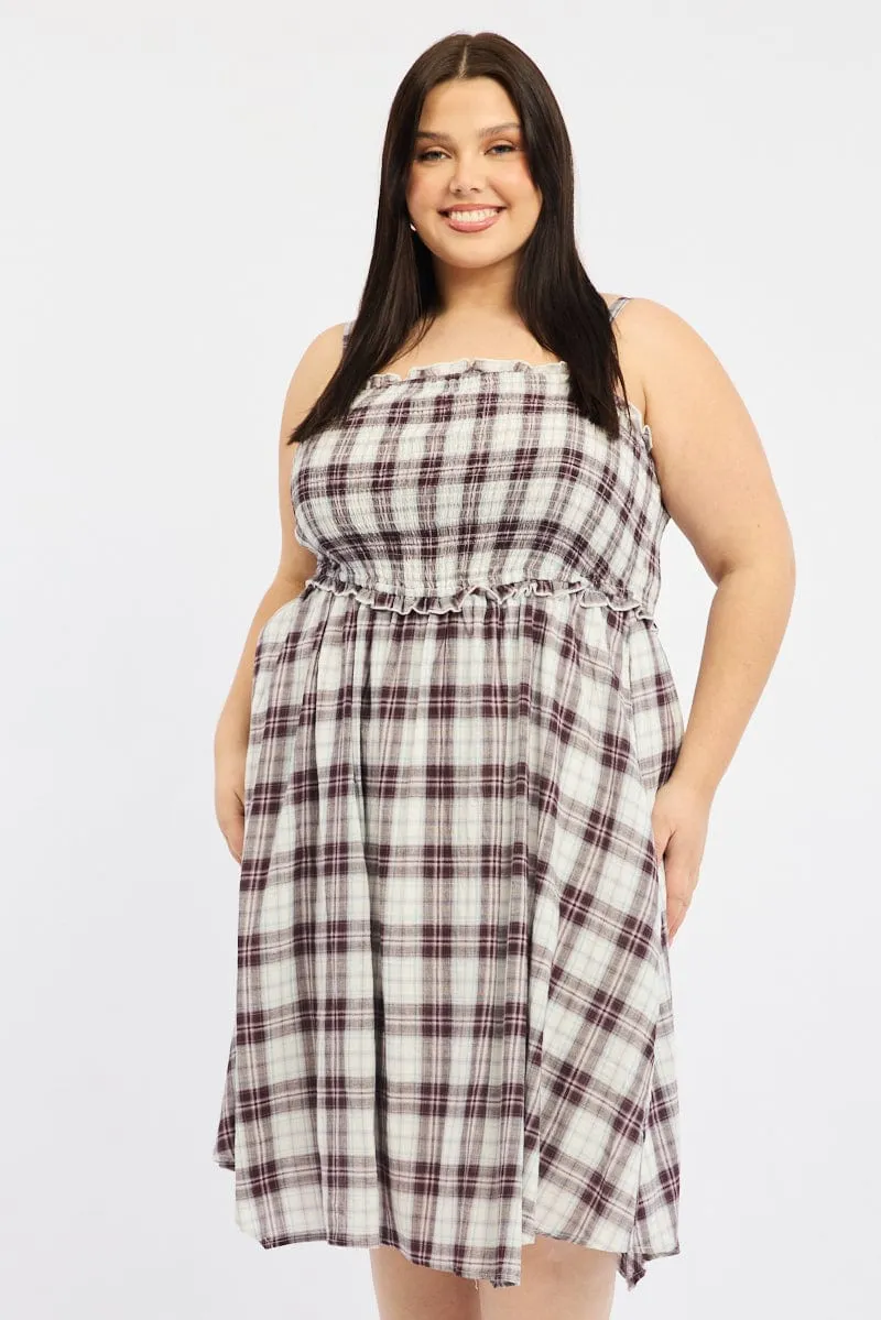 Back Glow Red Check Midi Dress Sleeveless Shirred