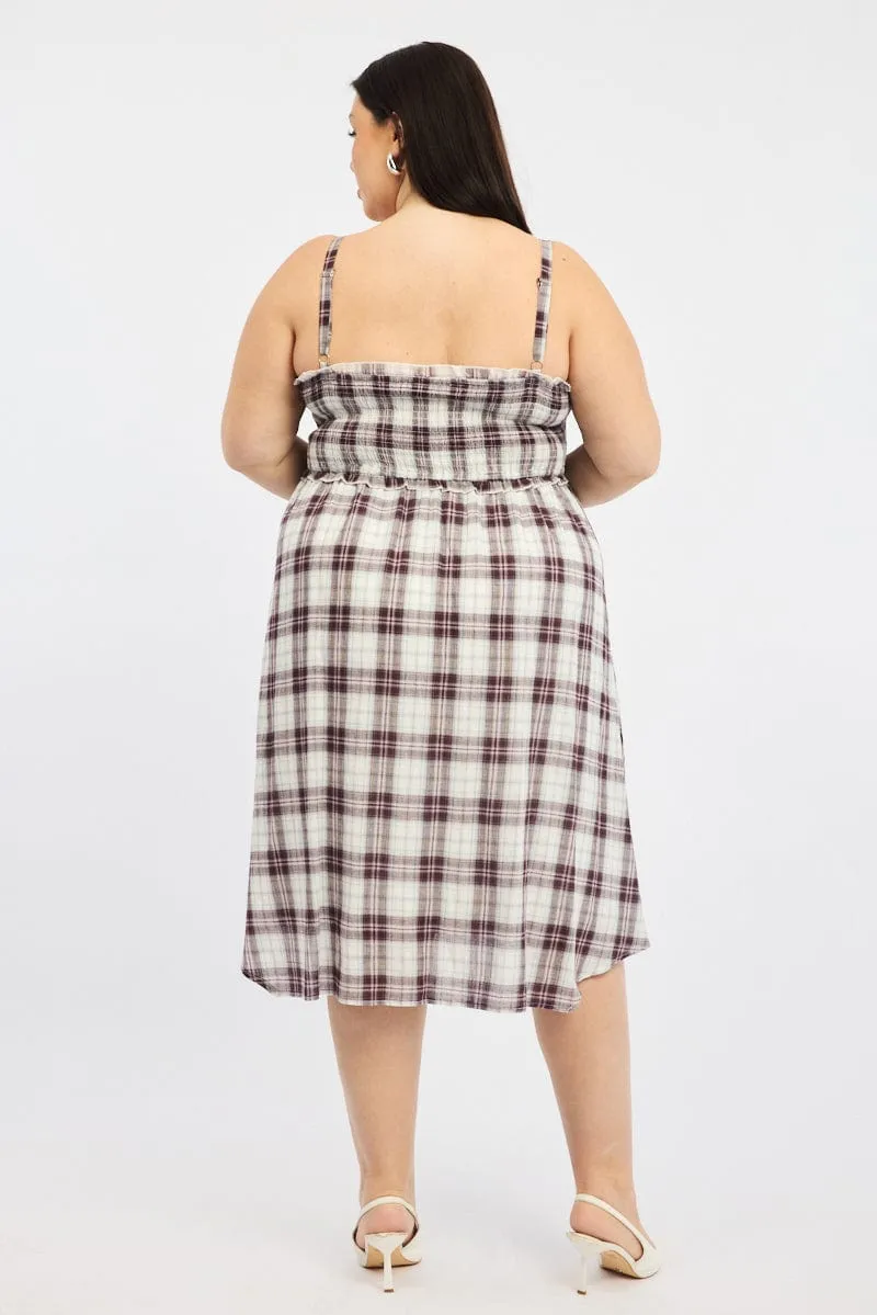 Red Check Midi Dress Sleeveless Shirred Crinkle Effect