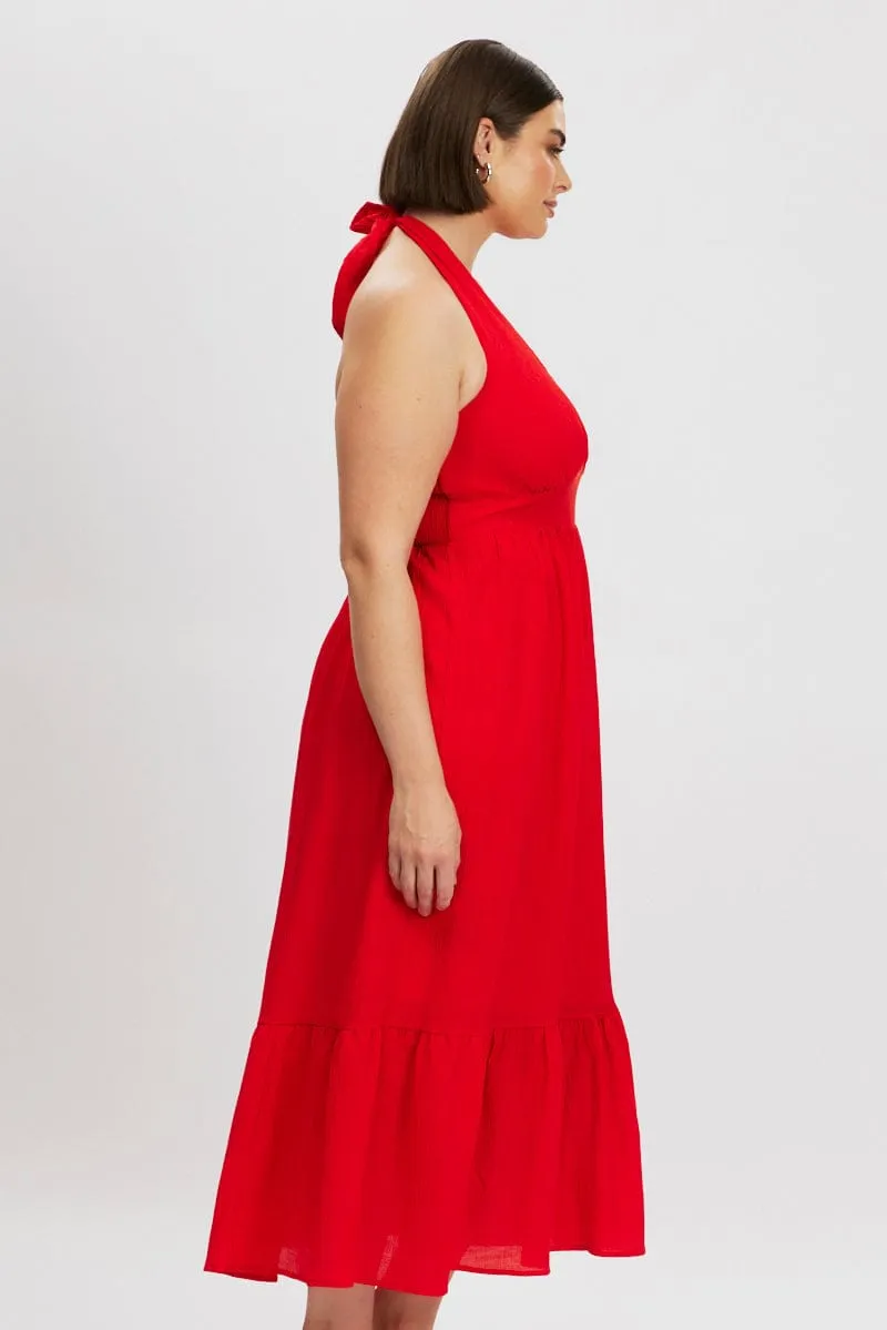 Red Halter Neck Dress Sleeveless Textured Theater-Night Cute Glow