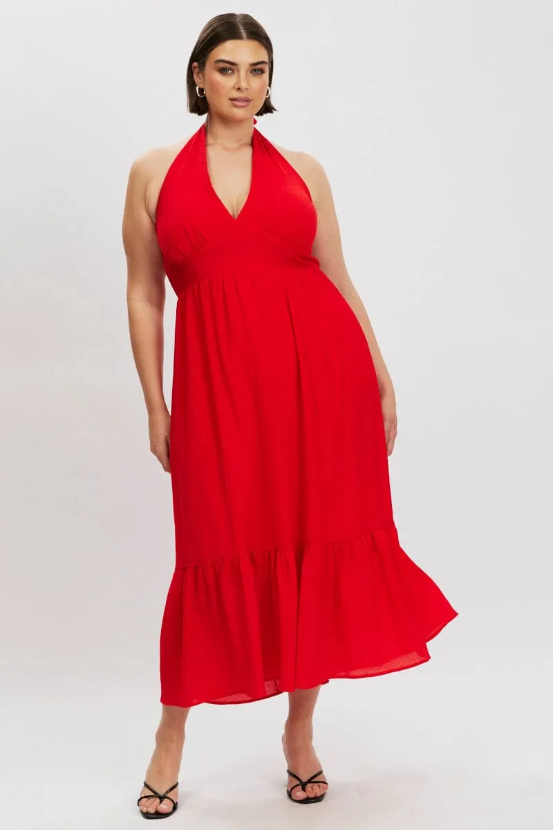 Red Halter Neck Dress Sleeveless Textured Smart Look