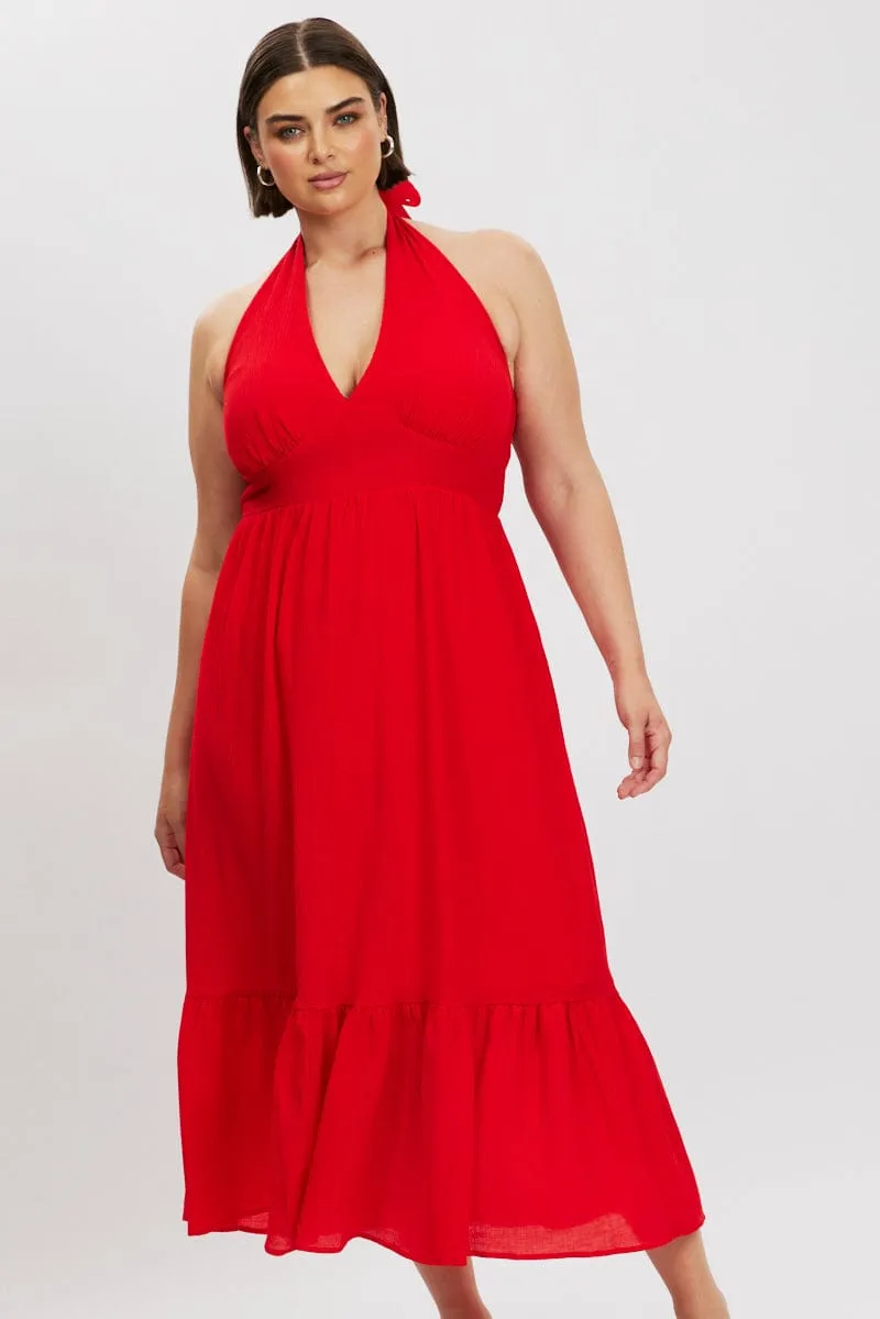 Red Halter Neck Dress Sleeveless Textured Easy and Effortless