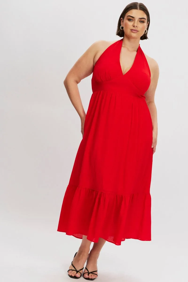 Chill Fashion Red Halter Neck Dress Sleeveless Textured