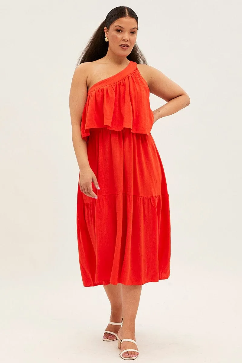 Red Midi Dress One Shoulder Frill Linen Blend Curve-Enhancing