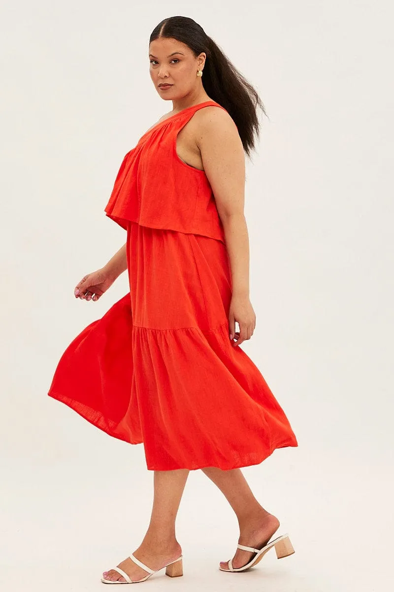 Minimal Cut Red Midi Dress One Shoulder Frill Linen Blend