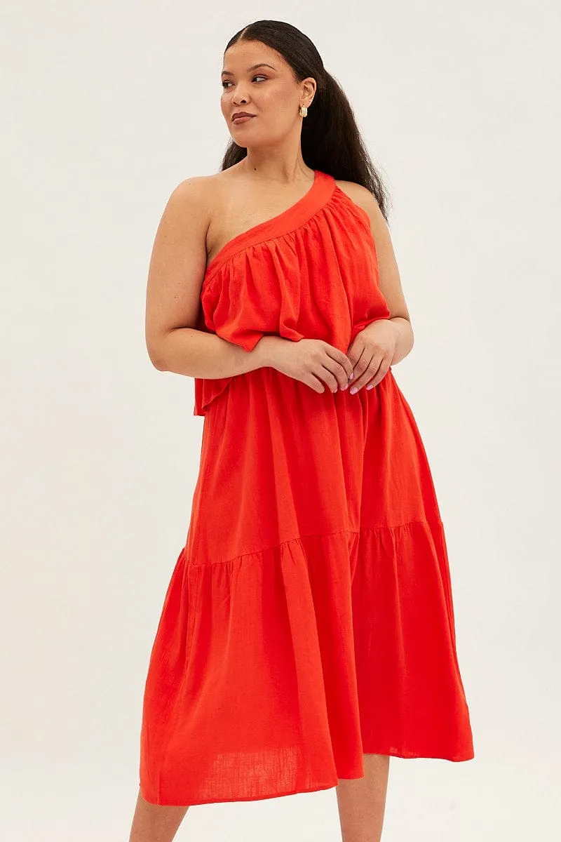 Red Midi Dress One Shoulder Frill Linen Blend Work Comfort