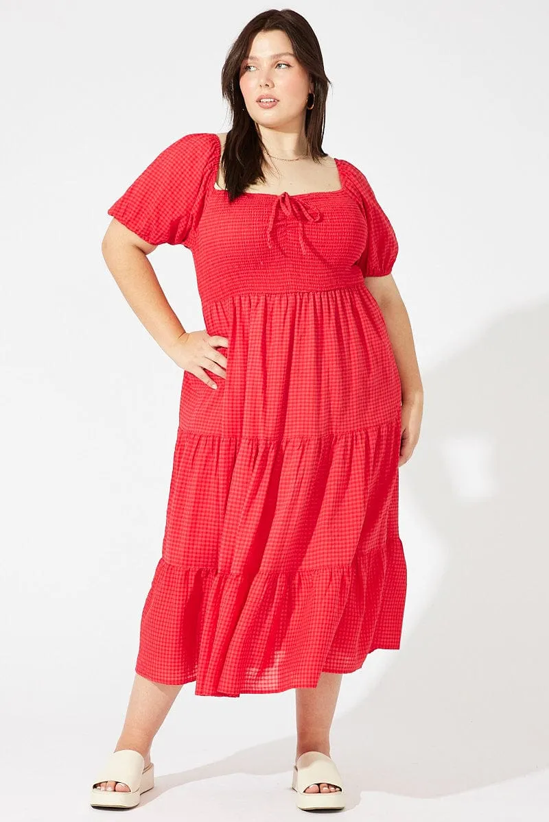 Winter Layering Shine Moment Red Midi Dress Short Sleeve Shirred