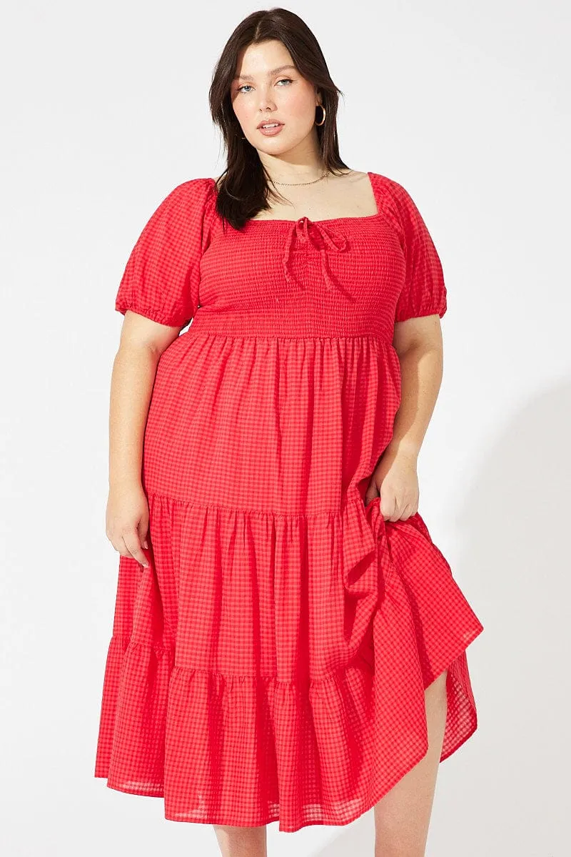Shape Retention Red Midi Dress Short Sleeve Shirred