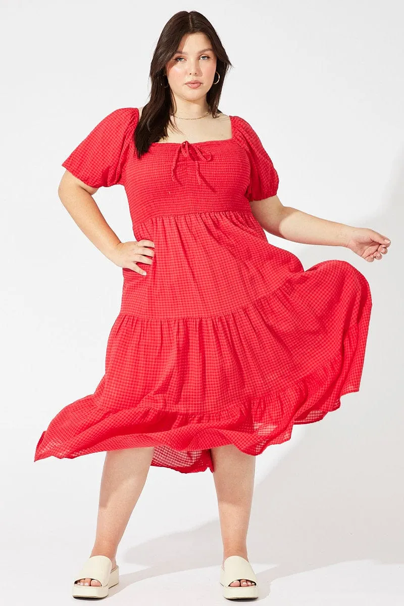 Red Midi Dress Short Sleeve Shirred Cocktail Ready Evening Chic