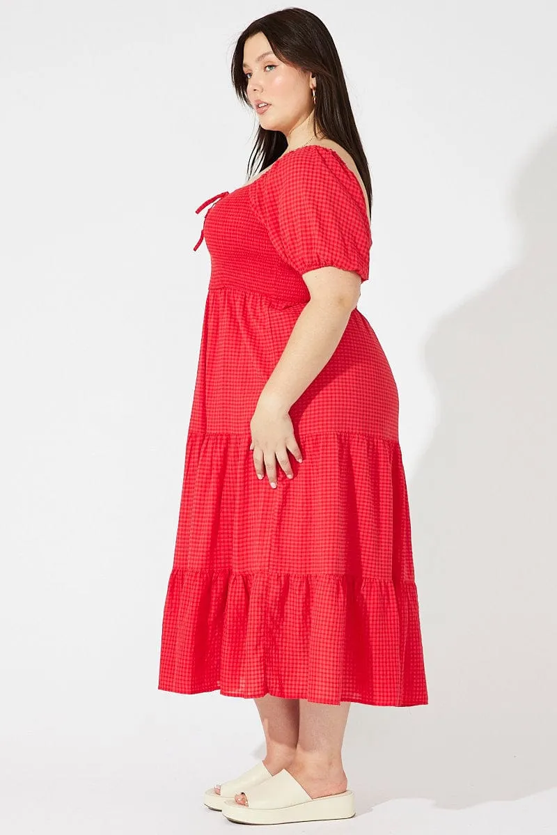 Red Midi Dress Short Sleeve Shirred Classic Look