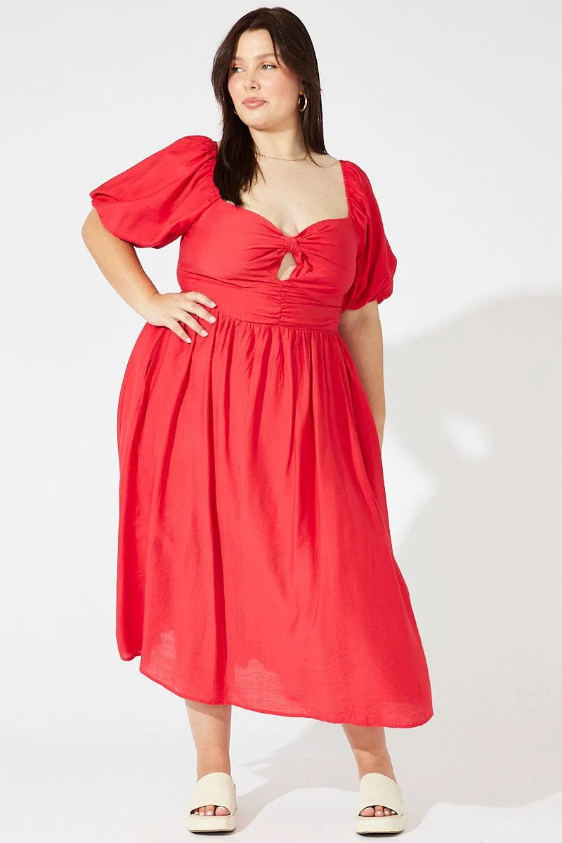 Red Ruched Waist Detail Midi Dress Natural Form