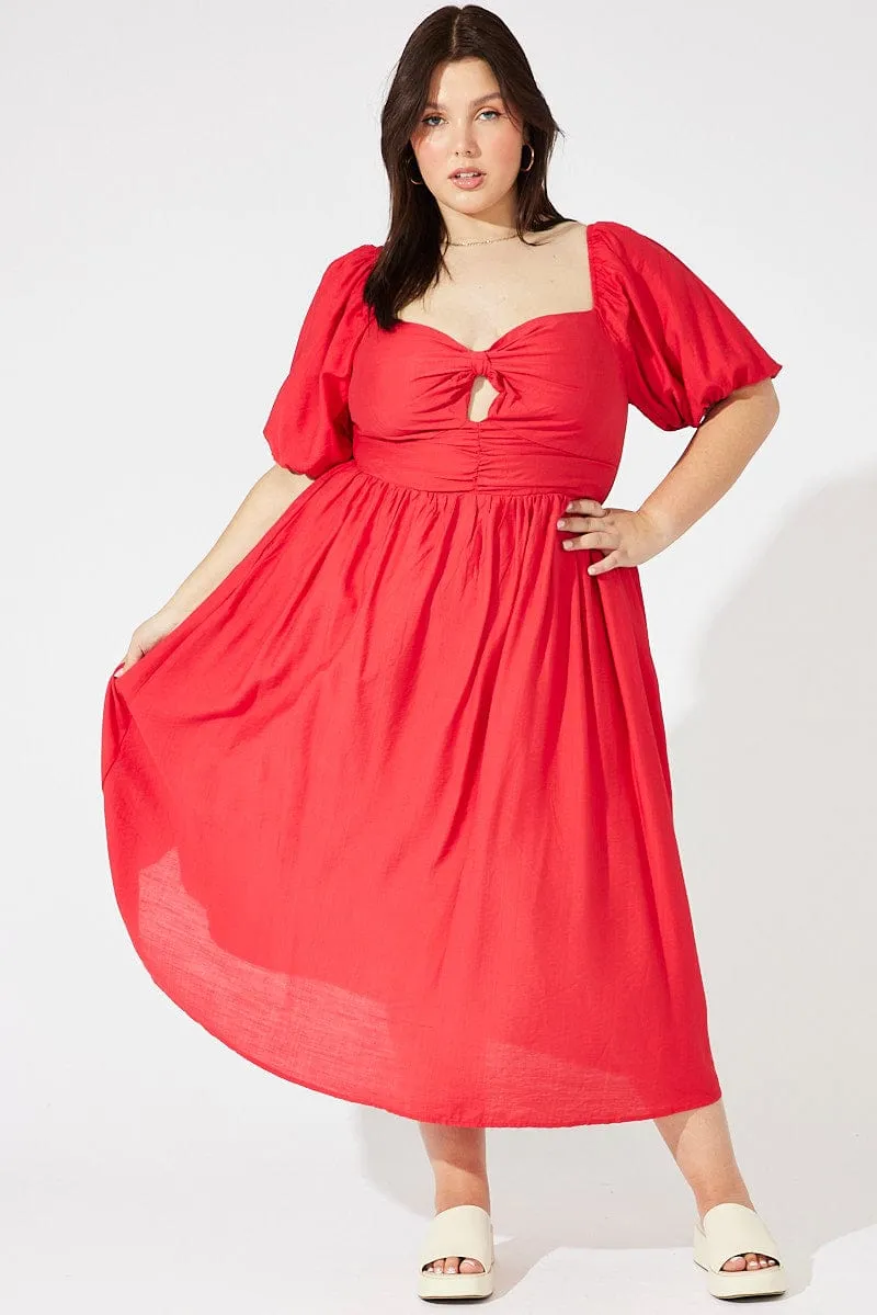 Skin Glow Red Ruched Waist Detail Midi Dress