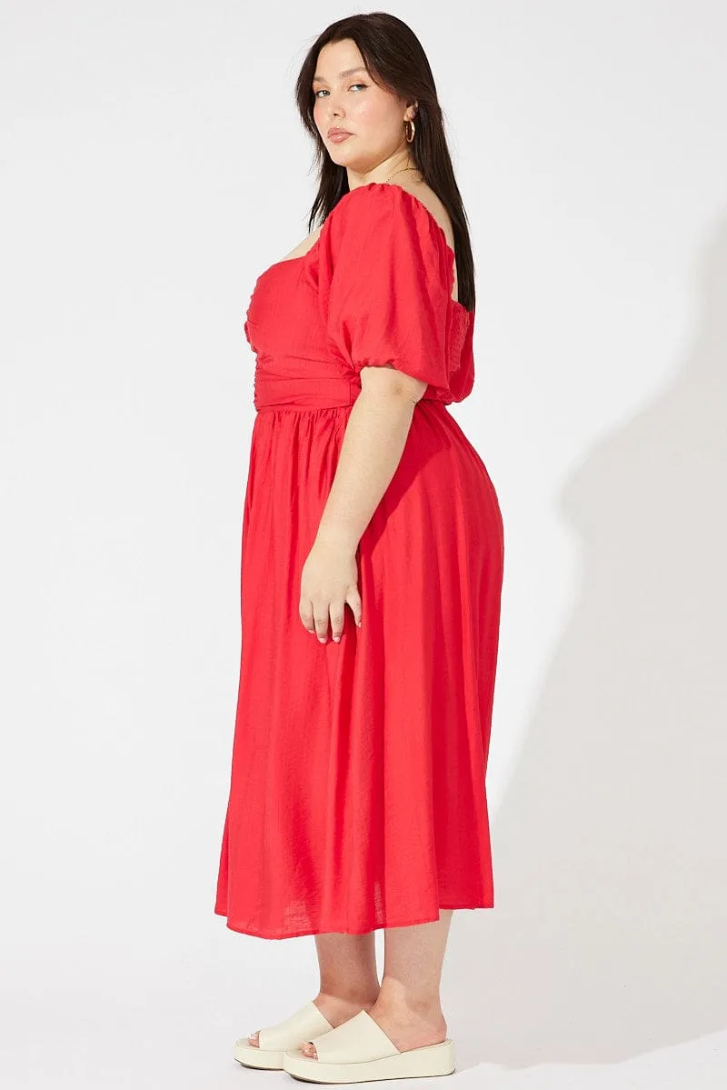 Sheer Look Comfortable Waist Design Red Ruched Waist Detail Midi Dress