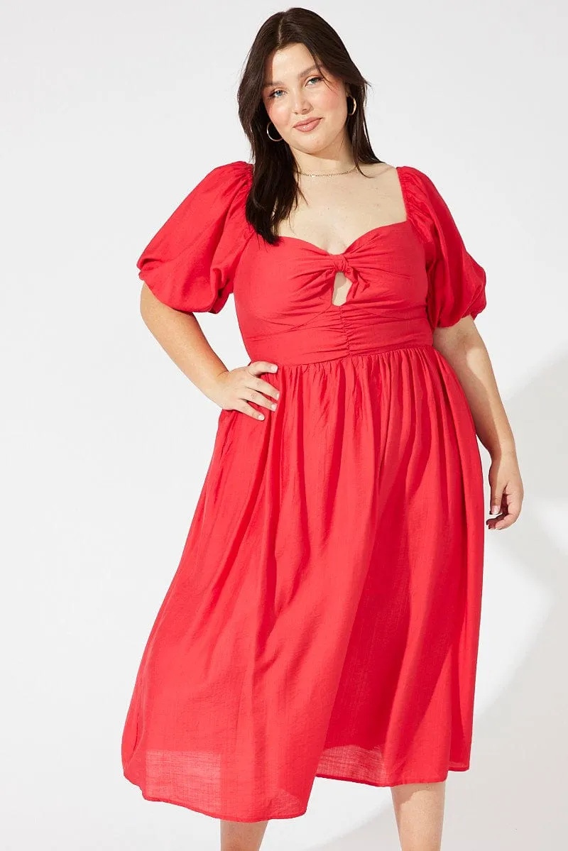 Red Ruched Waist Detail Midi Dress Cut-Out-Detail