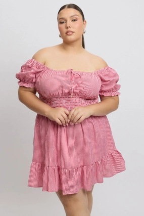 Red Check Tie Front Shirred Waist Frill Minidress Bold Touch