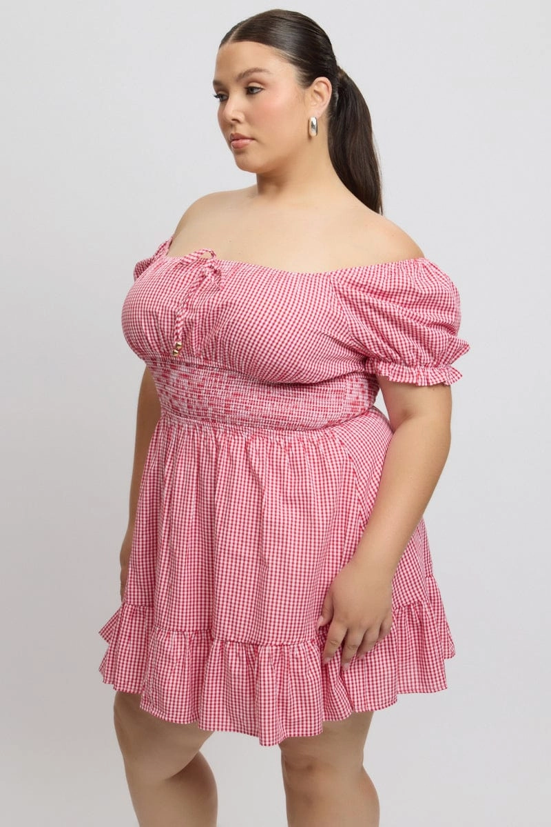 Red Check Tie Front Shirred Waist Frill Minidress Vacation Vibe