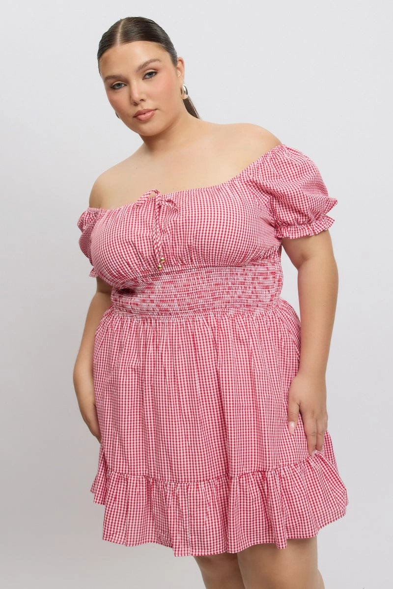Date Vibe Red Check Tie Front Shirred Waist Frill Minidress
