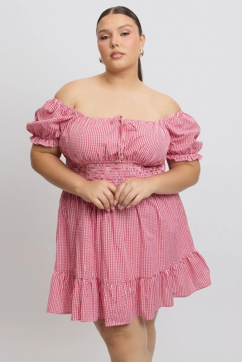 Red Check Tie Front Shirred Waist Frill Minidress Bold Touch