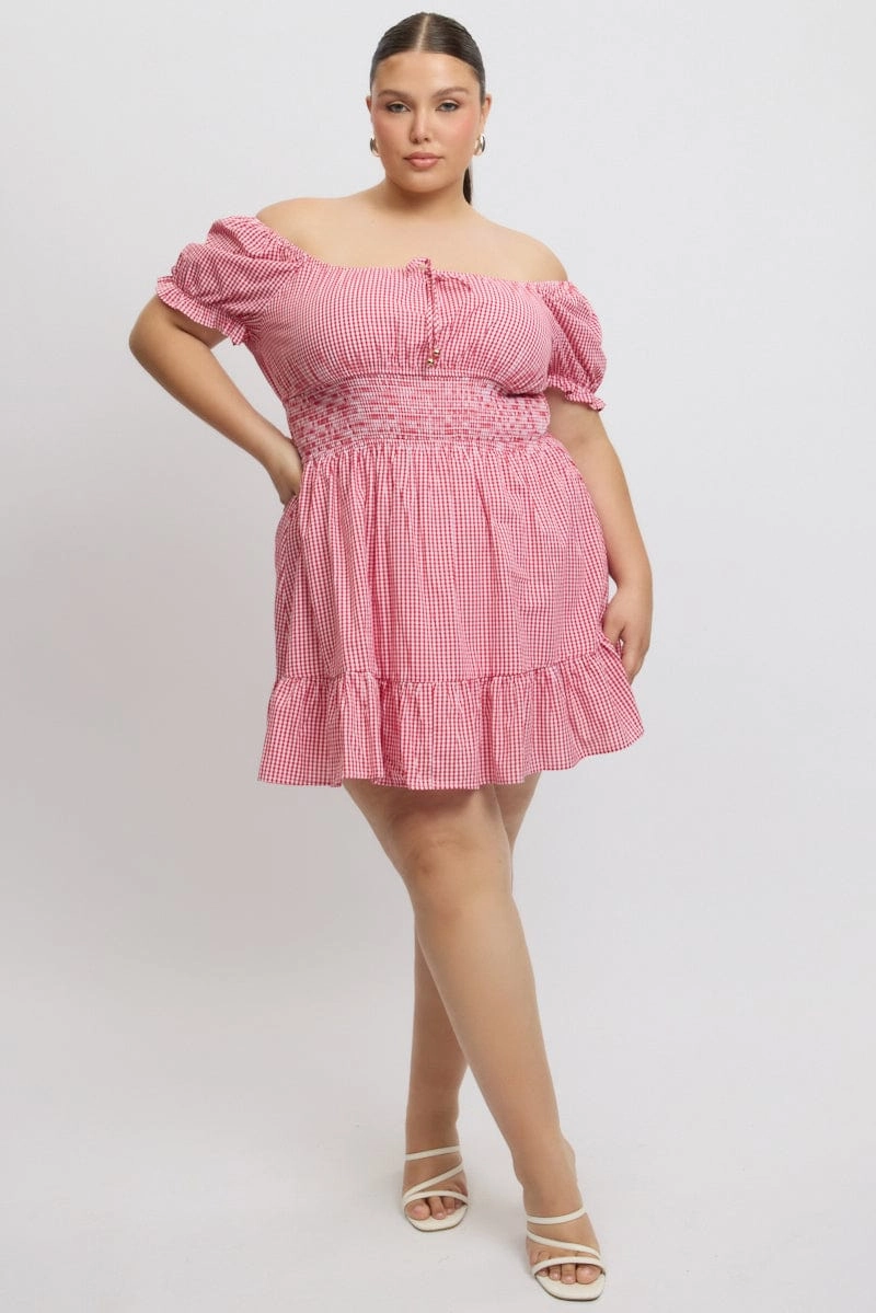 Red Check Tie Front Shirred Waist Frill Minidress Inner Glow
